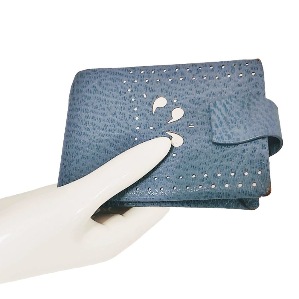 Vintage 1960s Never Used Blue Leather Ladies Fold Over Wallet With White Designs